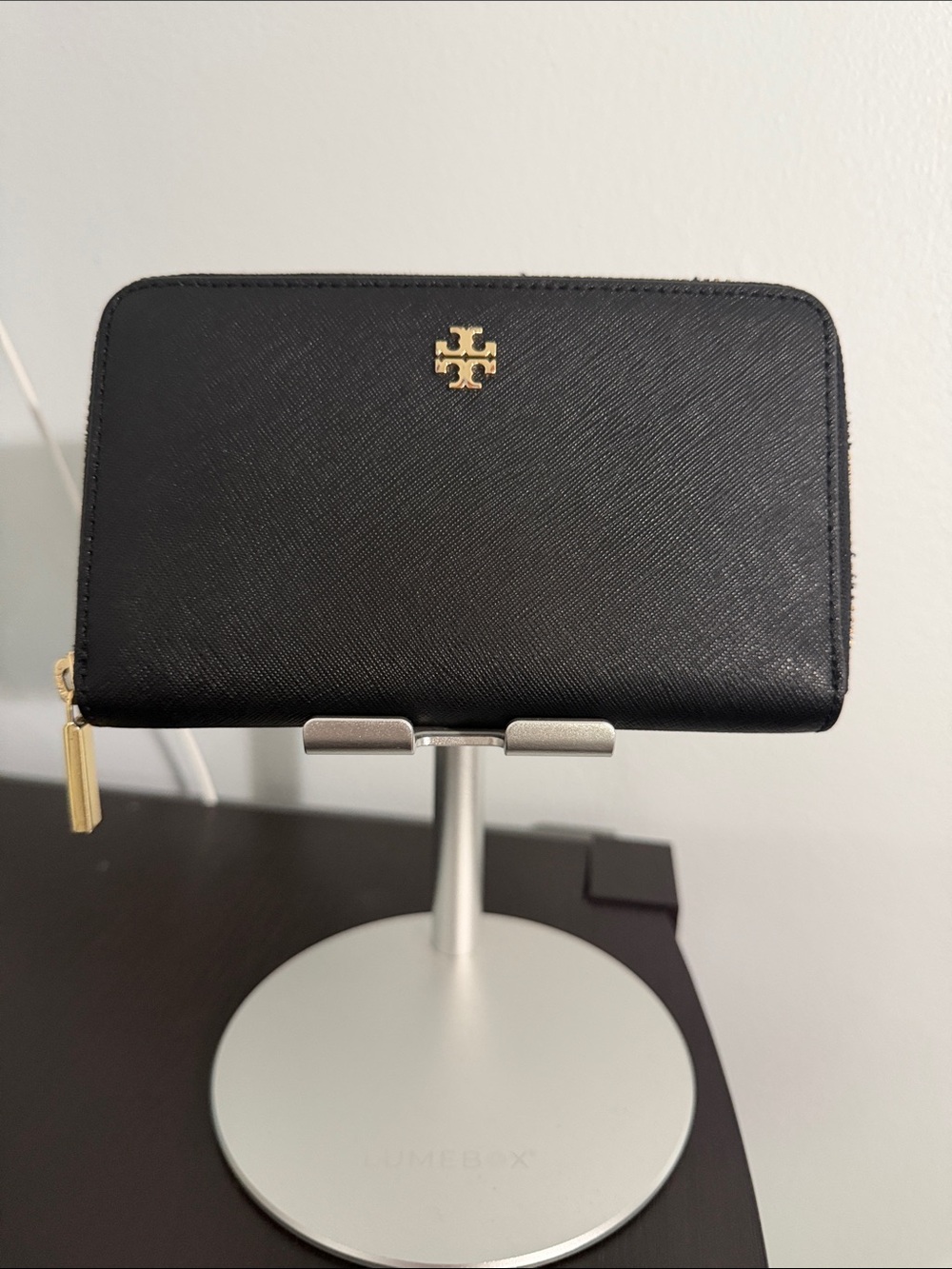Tory Burch Black Saffiano Zip Wallet with Gold Logo